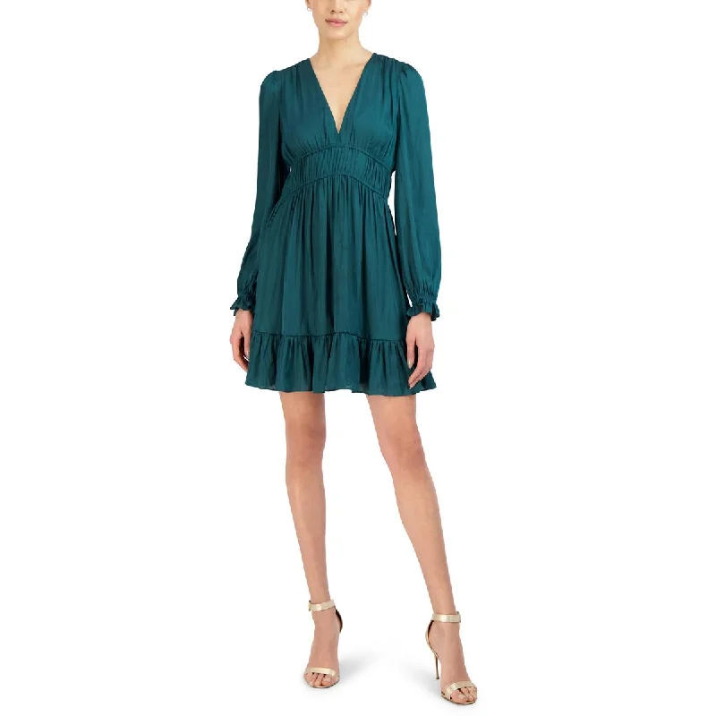 BCBG Max Azria Women's Ruffled Bishop Sleeve Mini Dress with Deep V-Neck