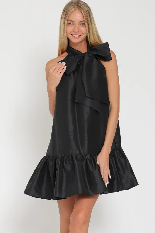 Black Sleeveless Tie Front Neck Mini Dress