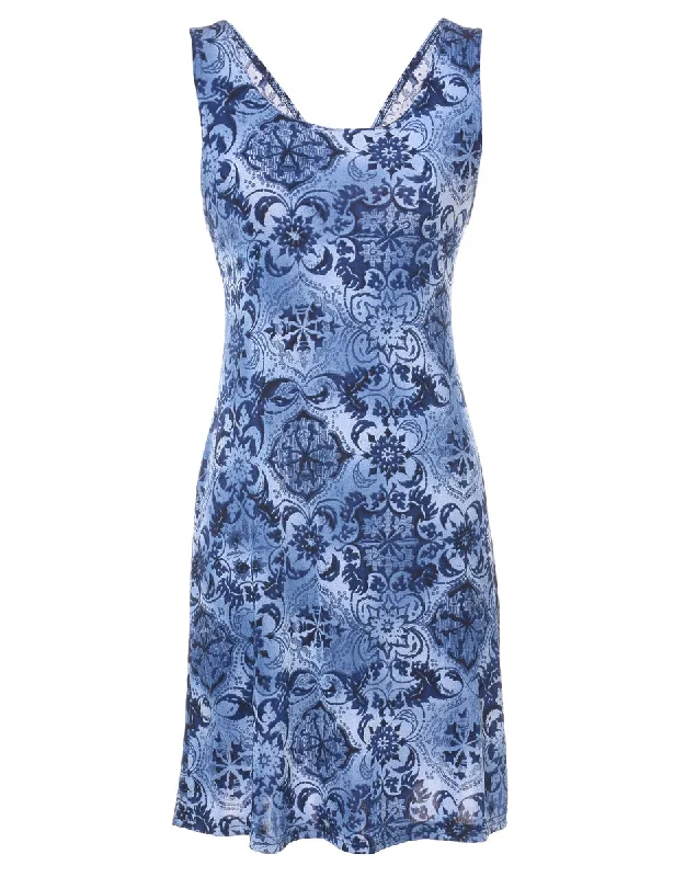 Blue Floral Print Mini Dress - S