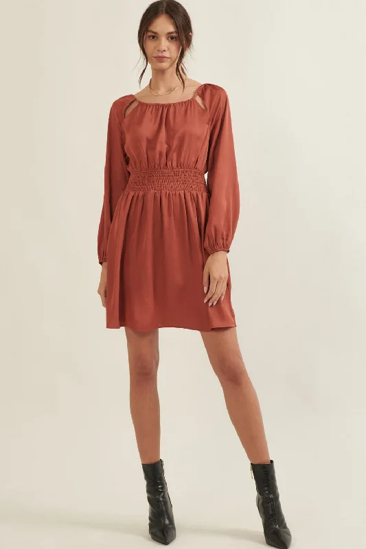 Cinnamon Solid Round Neck Smock Waist Mini Dress