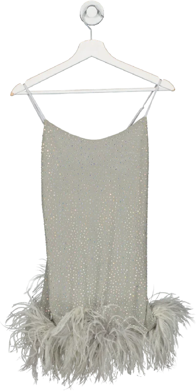 Leslie Amon Grey Laurie Feather Trimmed Rhinestone Crepe Mini Dress UK S