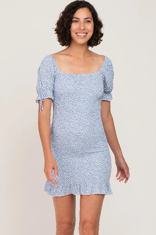 Light Blue Floral Smocked Short Puff Sleeve Mini Dress