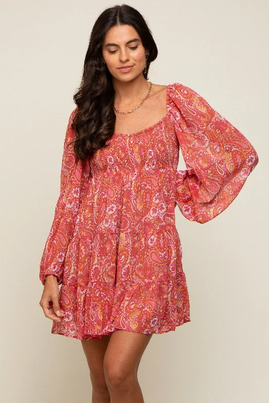 Red Paisley Tiered Long Sleeve Mini Dress