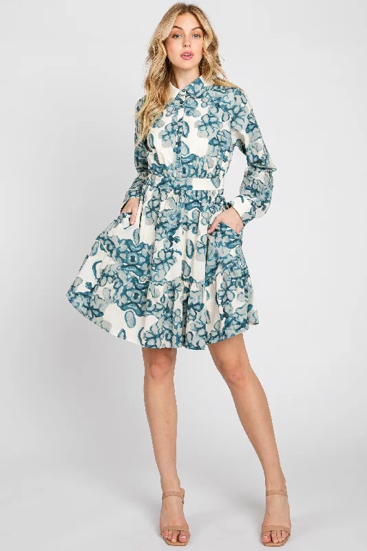 Teal Floral Collared Bottom Ruffle Mini Dress