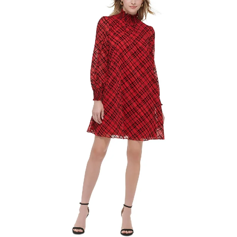 Tommy Hilfiger Womens Petites Flocked Plaid Mini Dress