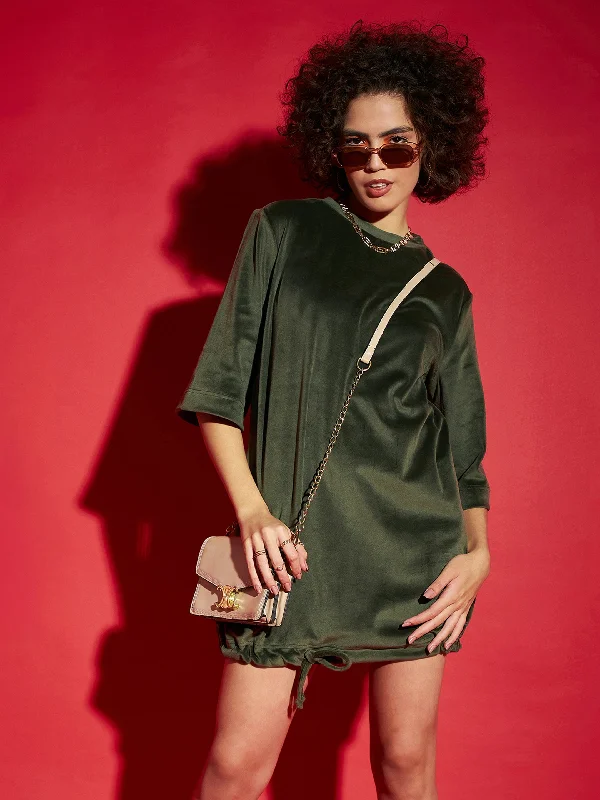 Women Olive Velour Tie Hem Mini Dress