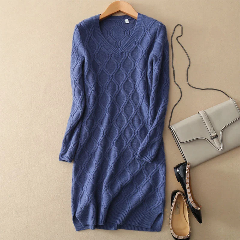 Women's Mini Dress 100% Cashmere Knitted Above Knee Dresses With V Neck Solid Color Plaid Weaving Warm Knitted Dresses