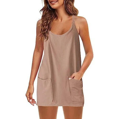 Womens Summer Sleeveless Mini Dress V Neck Spaghetti Strap with Pockets