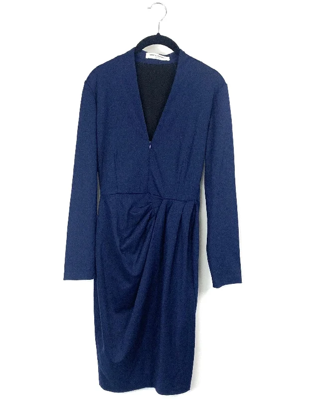 Navy Long Sleeve V-Neck Midi Dress- Small