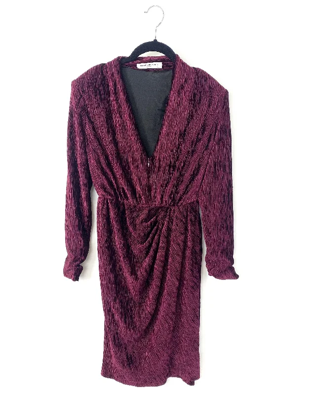 Purple Velvet Long Sleeve V-Neck Midi Dress- Small