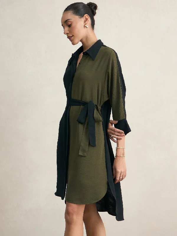 Black And Olive Button Down Midi Dress