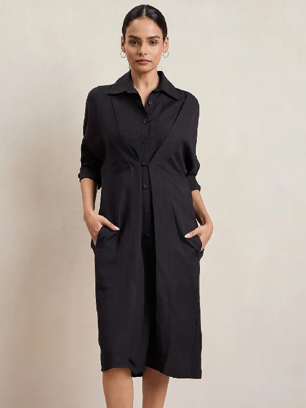 Black Linen Blend Button Down Midi Dress