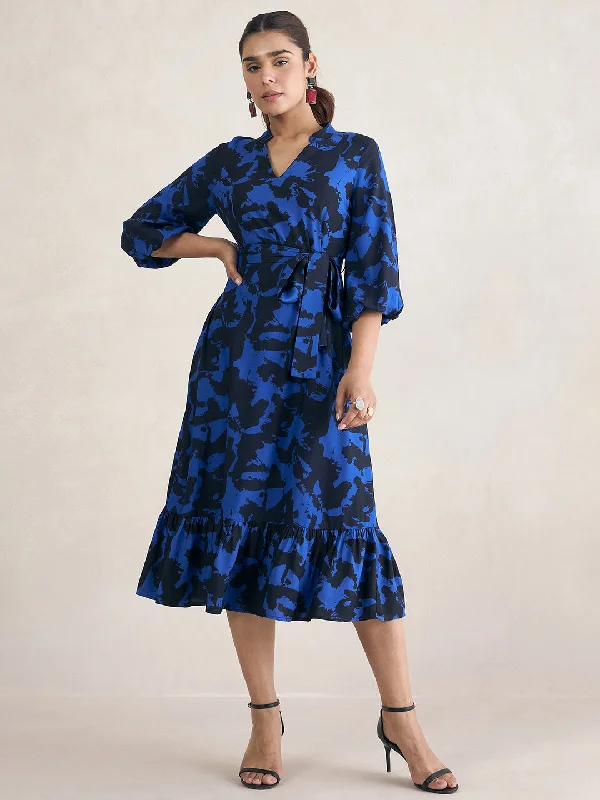 Blue Abstract Printed Tiered Midi Dress