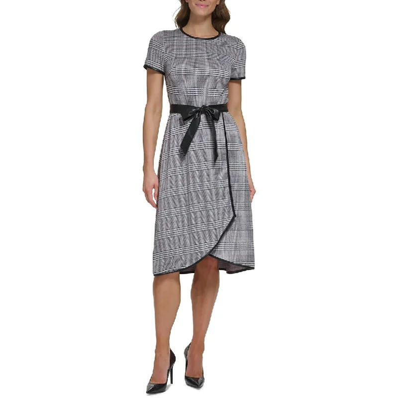 DKNY Womens Plaid Faux Wrap Midi Dress