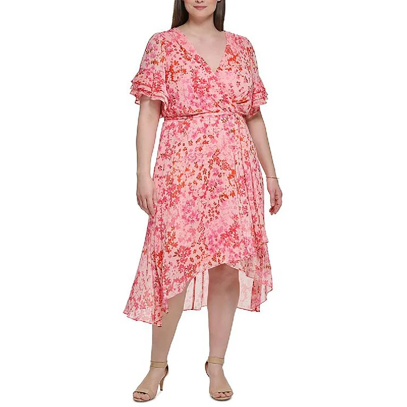 DKNY Womens Plus Floral Ruffled Sleeve Midi Dress