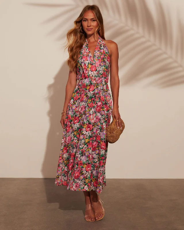 Saskia Halter Tie Waist Floral Midi Dress