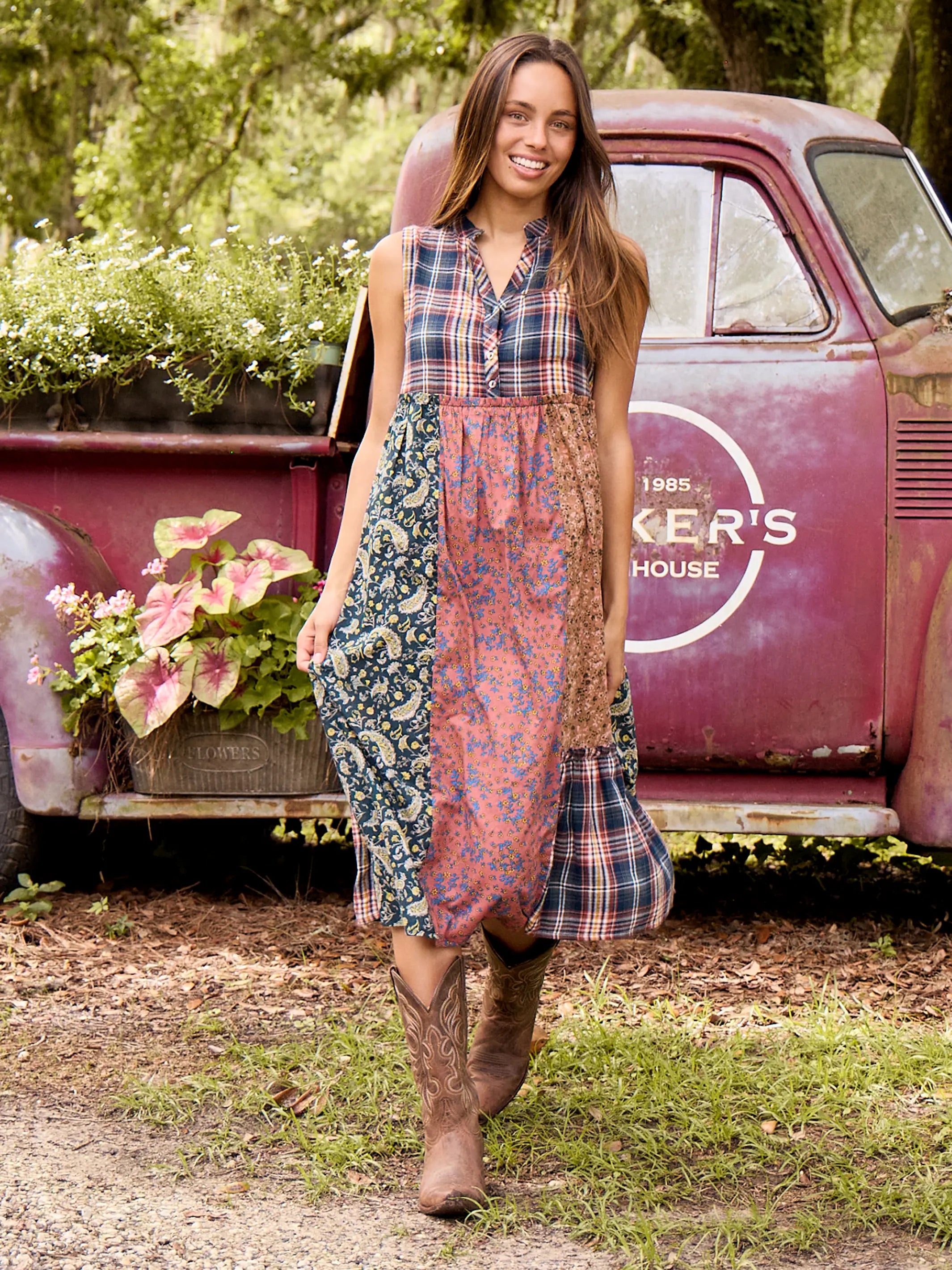 Harper Mixed Print Midi Dress - Red Light Brown Mixed Floral