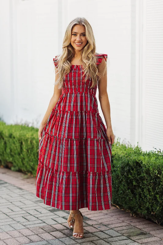 J. Marie Noelle Ruffle Strap Midi Dress - Red Mini Gingham