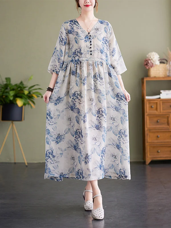 Loose Elasticity Floral Printed V-neck Midi Dress