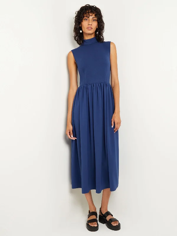 Mixed Media Fit-and-Flare Sleeveless Midi Dress