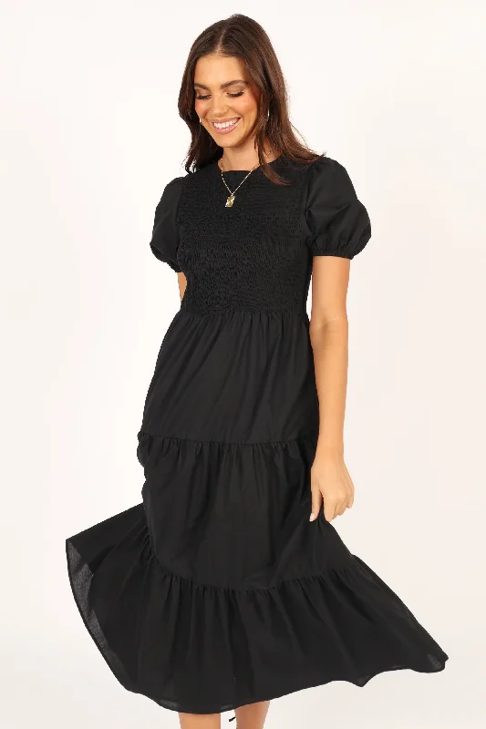 Naura Shirred Tiered Midi Dress - Black