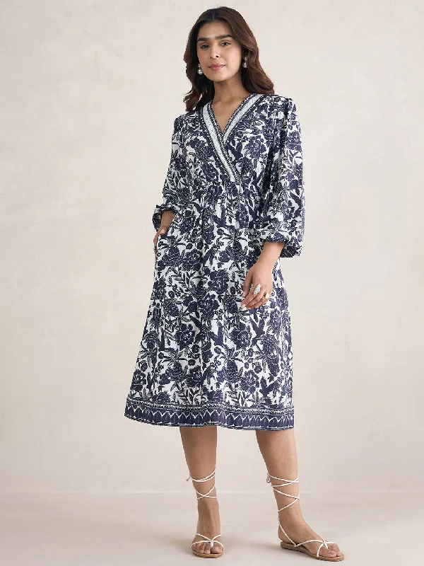 Navy Border Printed Wrap Midi Dress