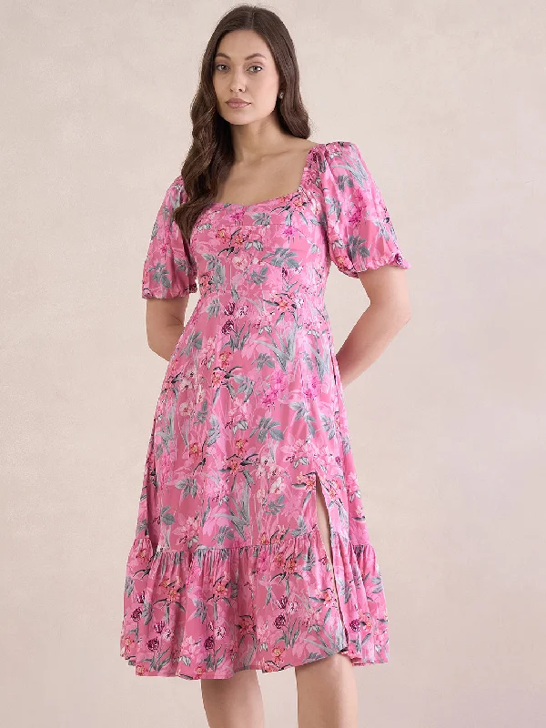 Pink Tropical Print Front Slit Midi Dress