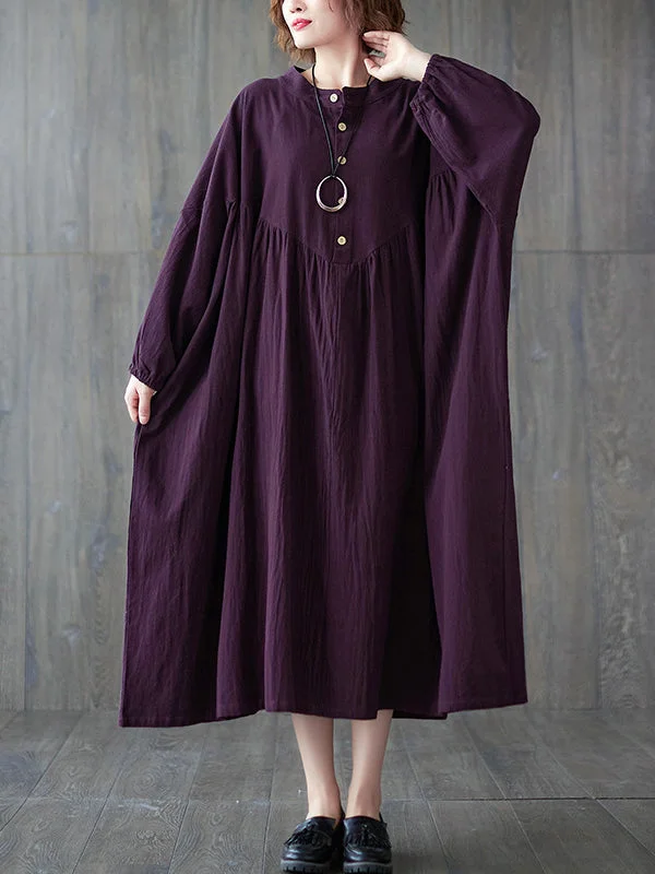 Pleated Solid Color Loose Stand Collar Midi Dress