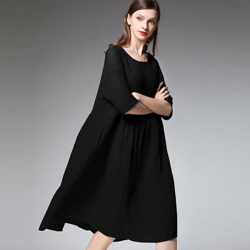 Plus Size Female Pleated Solid Color Midi Dress