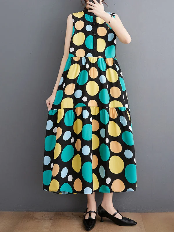 Polka Dot Casual Stand Collar Midi Dress