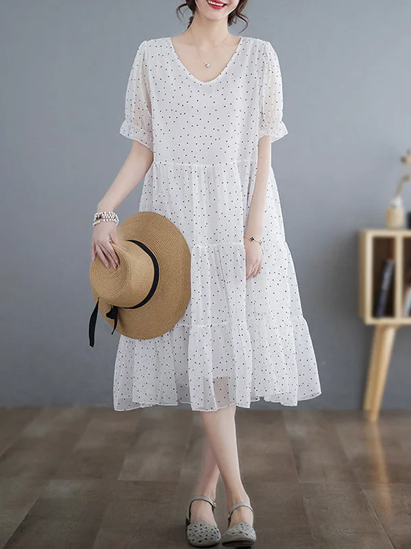 Polka Dot Split-Joint Loose V-Neck Midi Dress