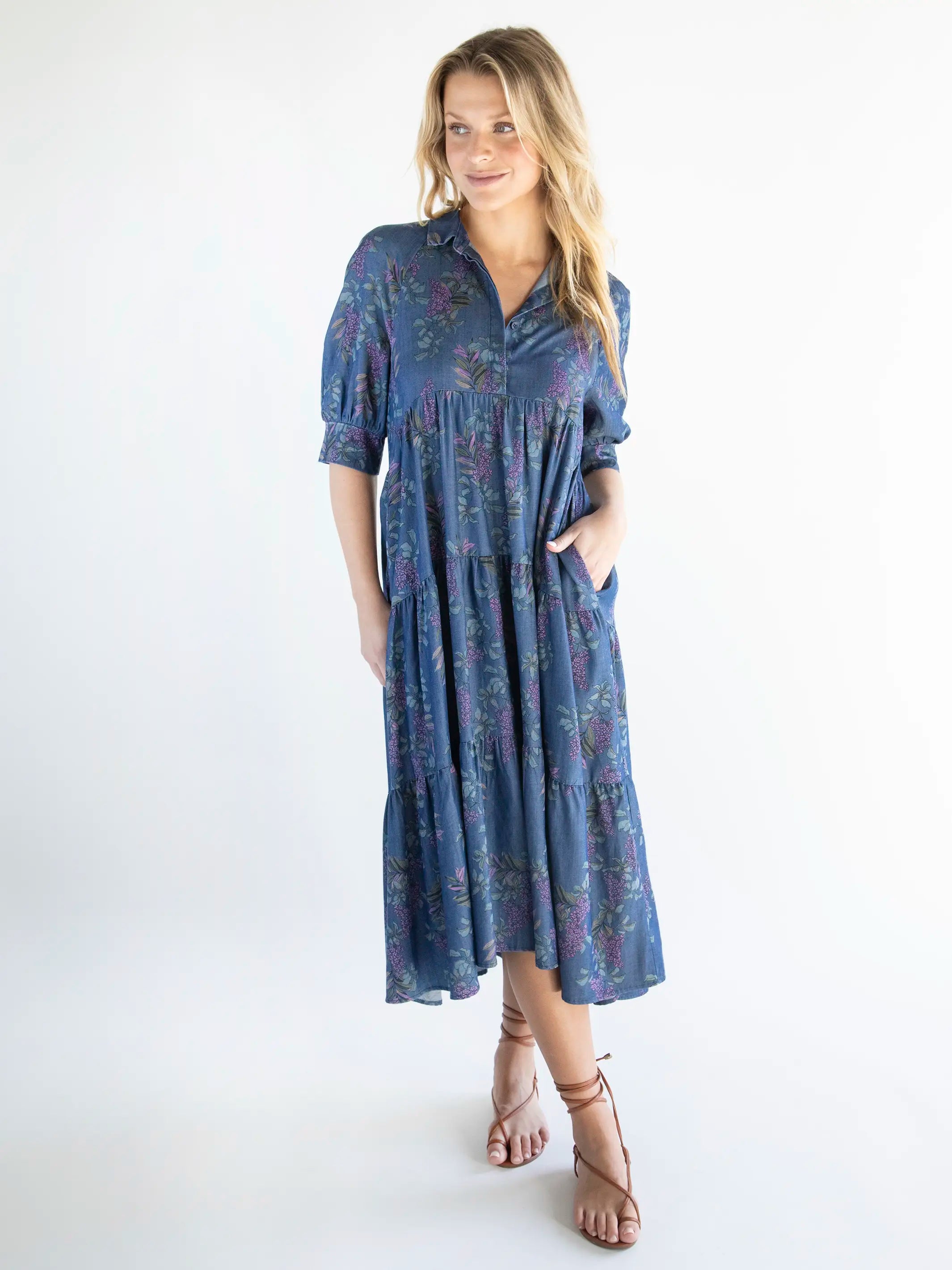 Rebecca Midi Dress - Denim Wisteria Floral