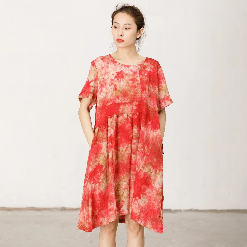 Short Sleeve Printed Loose Red Midi Dress