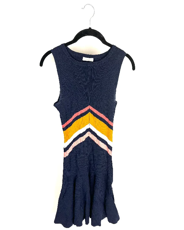 Navy Blue with Striped Pattern Ribbed Midi Dress - Size 2/4