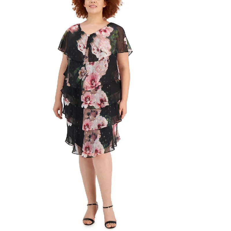 SLNY Womens Plus Floral Print  Midi Dress