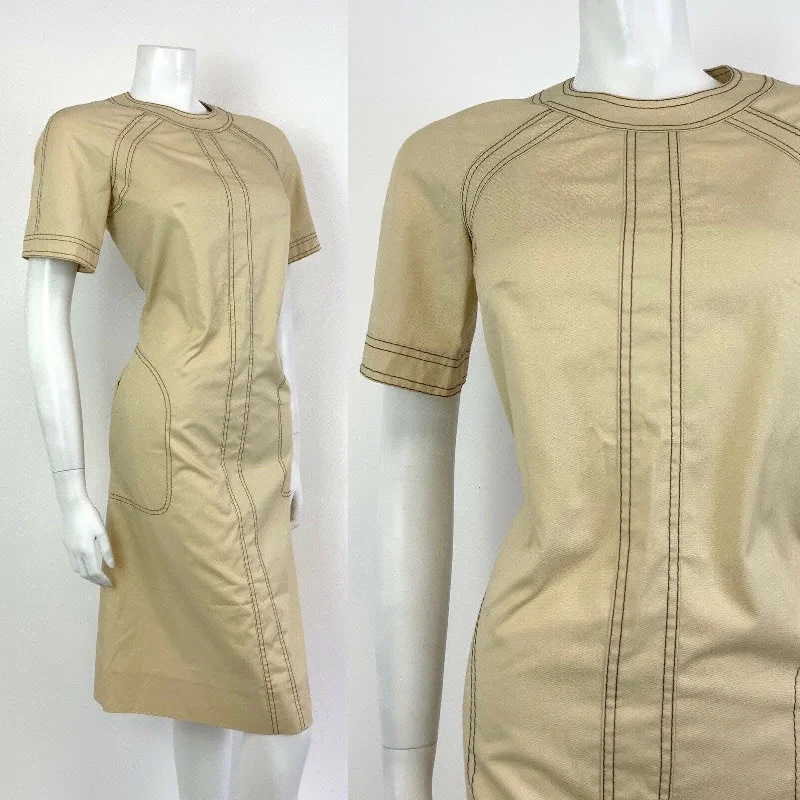 VINTAGE 60s 70s CREAM BEIGE BROWN MOD MIDI DRESS 10 12