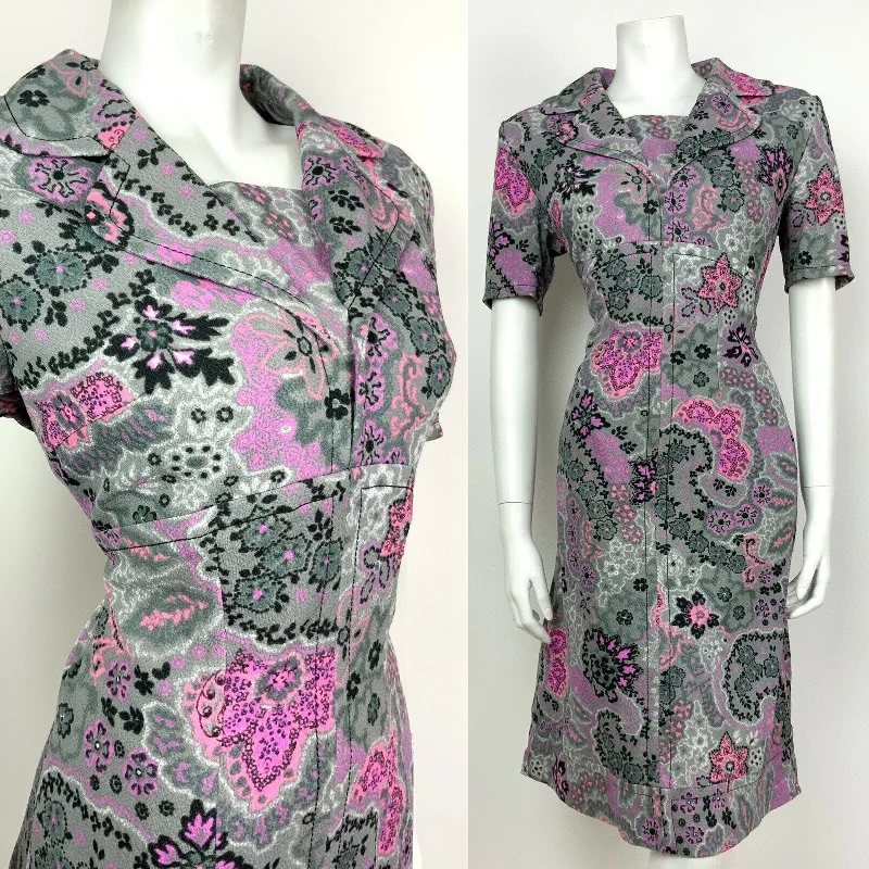 VINTAGE 60s 70s GREY PINK PURPLE BLACK PSYCHEDELIC FLORAL MIDI DRESS 12 14