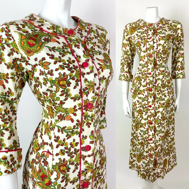 VINTAGE 60s 70s WHITE GREEN RED YELLOW FLORAL PAISLEY MIDI DRESS 10 12