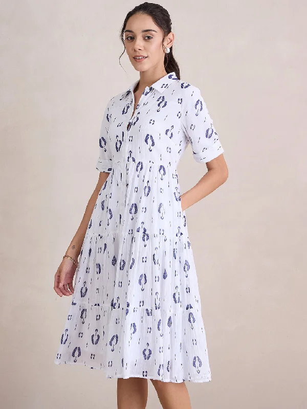 White And Blue Abstract Print Button Down Midi Dress