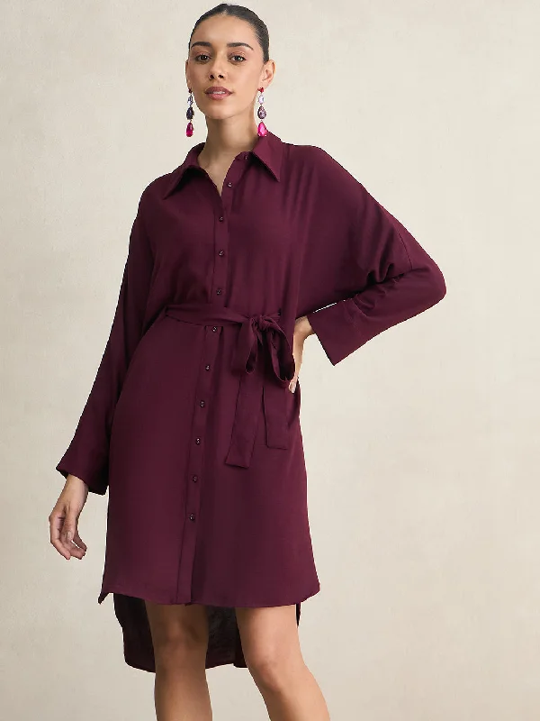 Wine Button Down Shirt Midi Dress