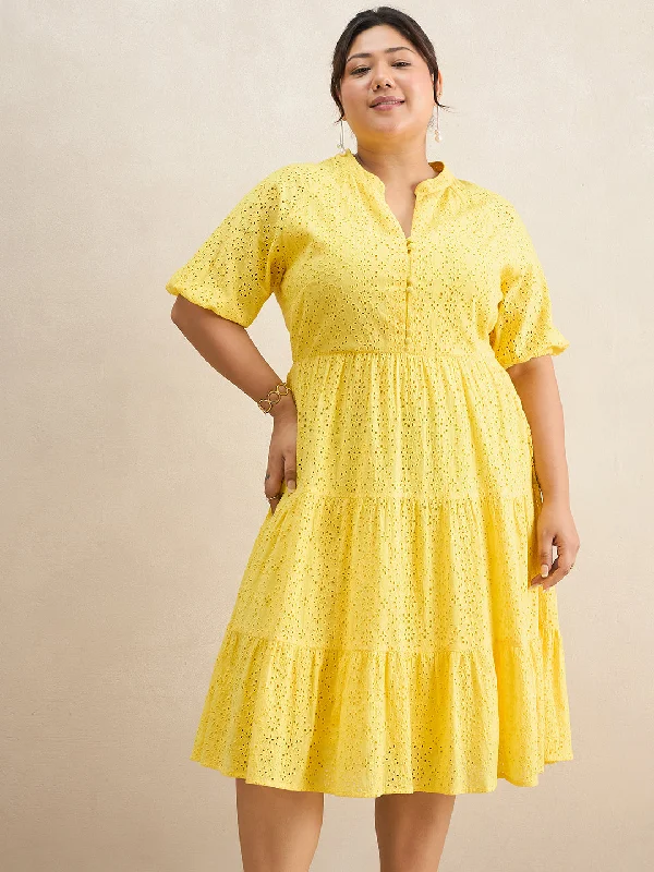 Yellow Cotton Schiffli Button Down Midi Dress