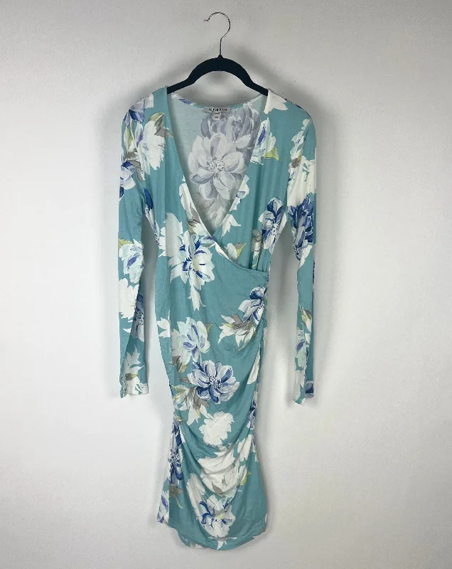 Turquoise Floral Ruched Midi Dress - Extra Large