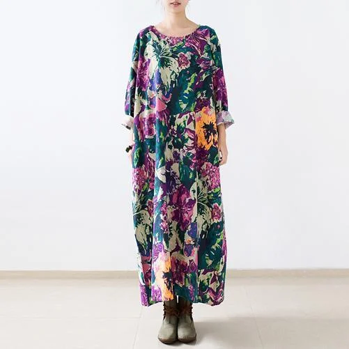 fall bright flower print long sleeve linen dress long cotton maxi dresses gown