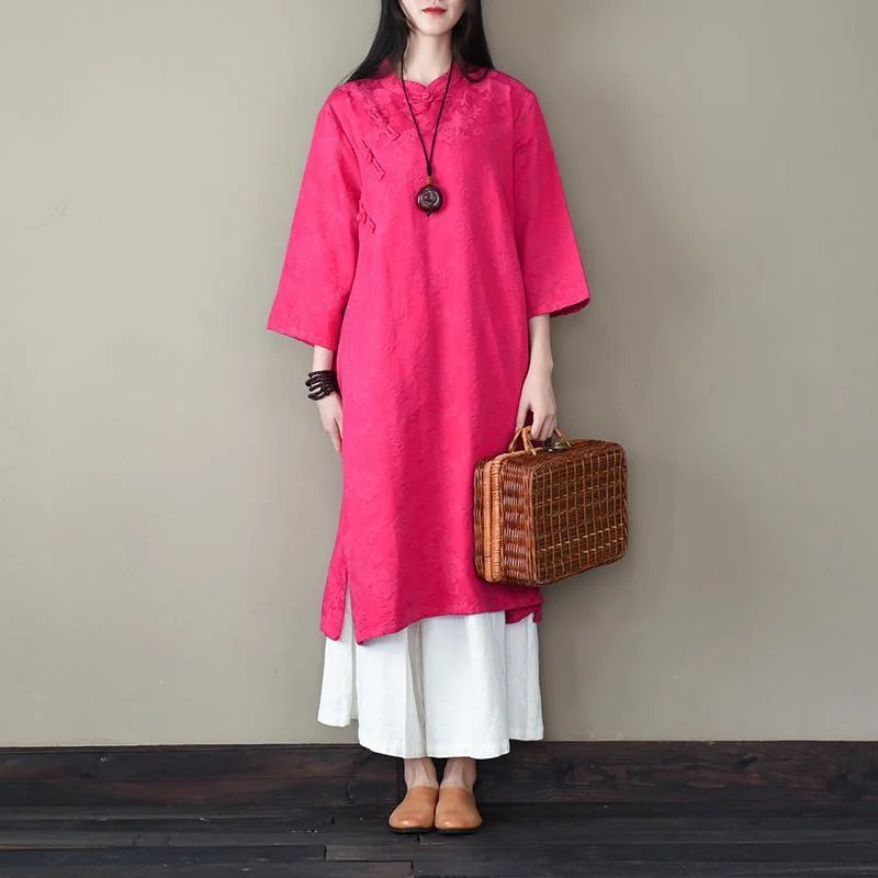 Bohemian jacquard cotton stand collar Wardrobes Tutorials rose Maxi Dress