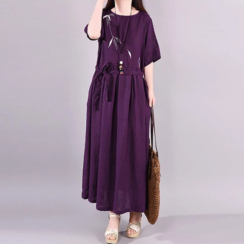 Bohemian linen dresses Boho Plant Embroidery Casual Elegant Charming Maxi Dress