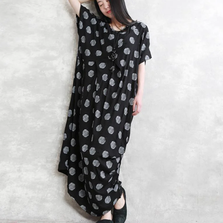 Boutique Black Linen Dress Loose Fitting Dotted Linen Maxi Dress 2021 Asymmetric Linen Caftans