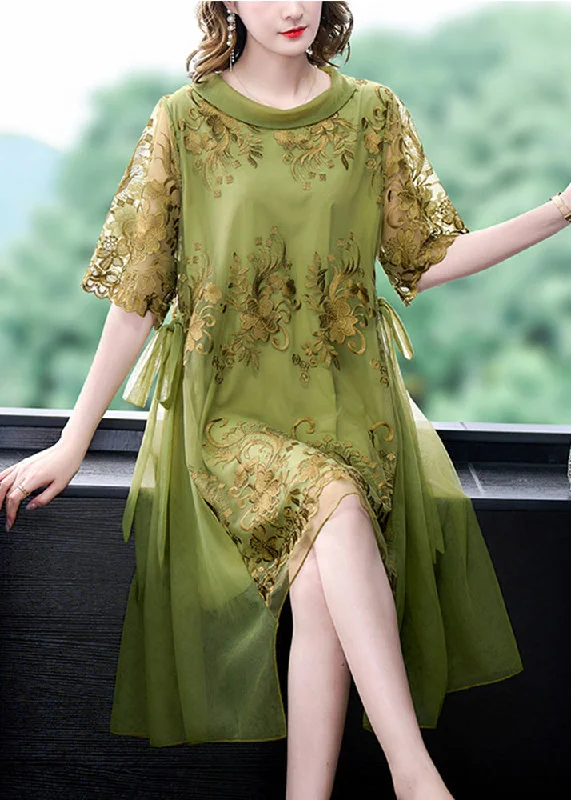 Boutique Green O-Neck Asymmetrical Embroidered Floral Tie Waist Tulle Maxi Dress Summer