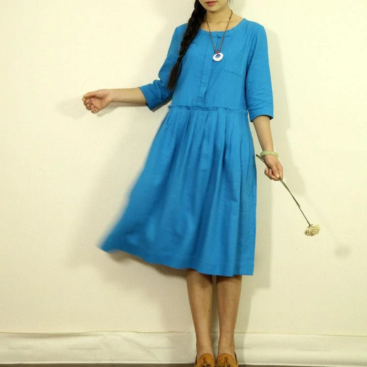 Bright blue linen sundress half sleeve linen dresses summer maxi dresses