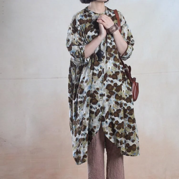 Brown floral asymmetric long sundress maxi dresses long shirt caftan cotton