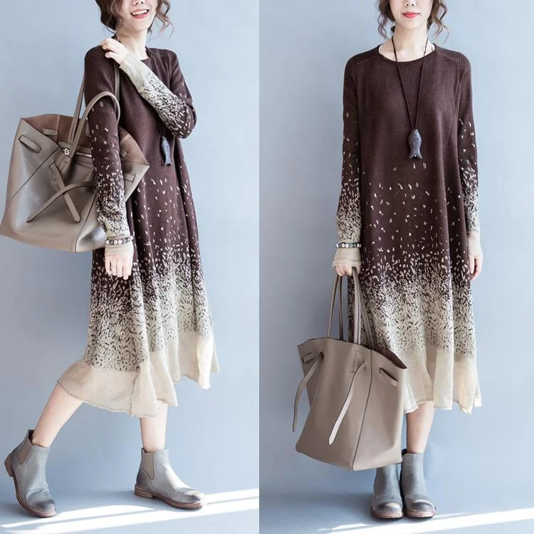 Brown joyful autumn cotton dresses long sleeve maxi dress rice print plus size cotton clothing